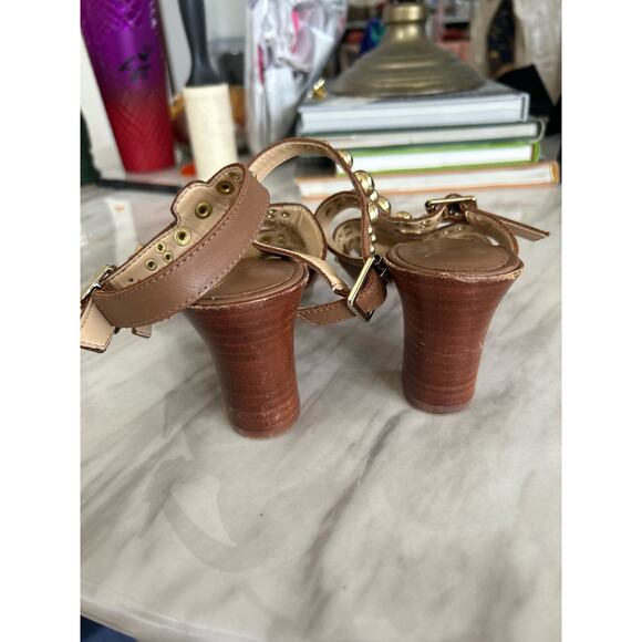 Brian Atwood Brown Leather & Gold Stud Gladiator Heeled Sandals - Picture 3 of 9